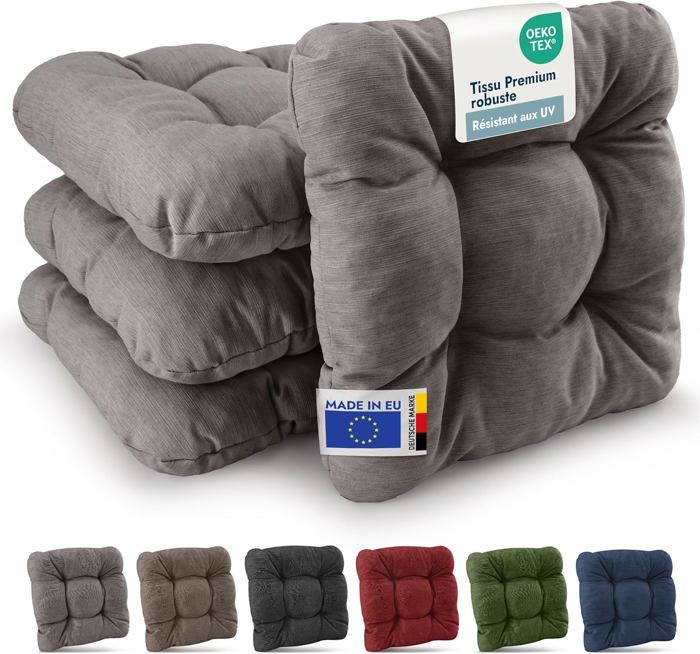 Beautissu HighLux SK – Premium Set de 4 Galette Chaise Jardin Extérieur 35x35 cm Gris Clair – 8 cm Épaisseur