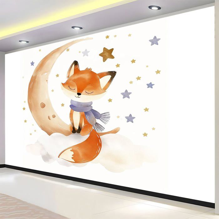 Papier Peint 3D Mural Chambre Lune De Renard Aquarelle Poster Geant ...