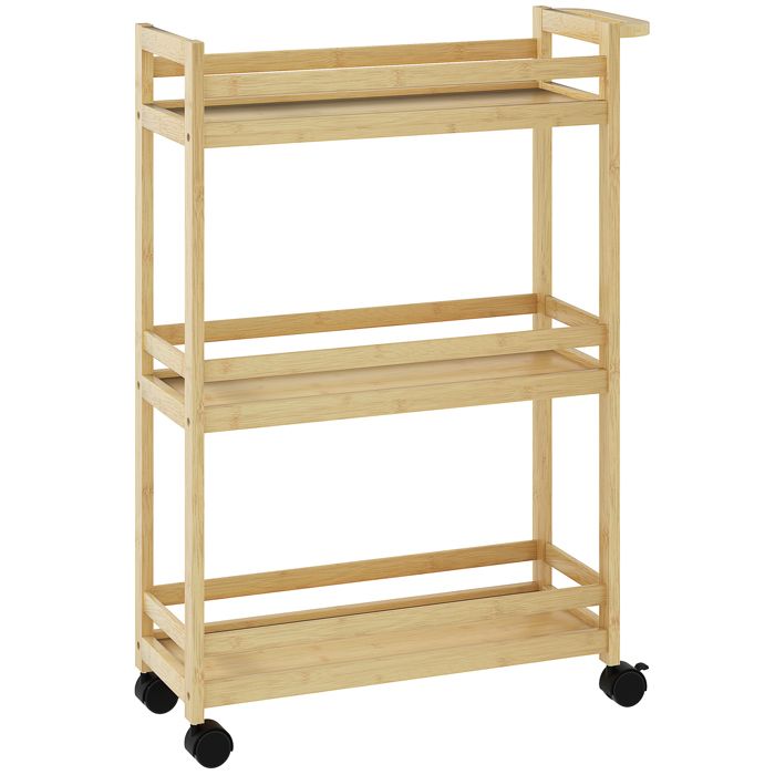 Étagère de rangement de salle de bain - HOMCOM - en bambou à 3 niveaux - avec roulettes pour cuisine salle de bain salon - naturel