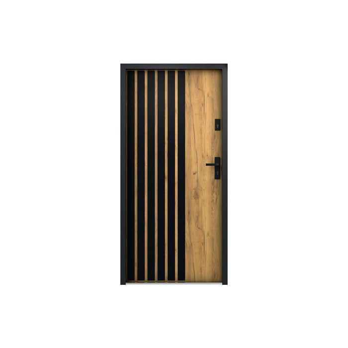 Porte dentrée pleine en acier H207 x L100 cm - Effet chêne avec rayures noires - épaisseur 55 mm - poussant gauche - COBRITA