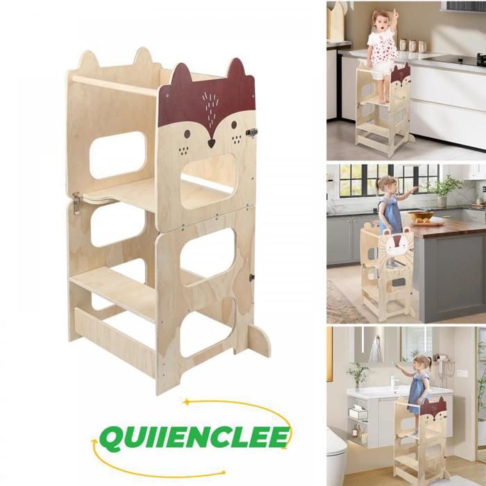 Tabouret enfant - Charge maximale 50kg - Tour dapprentissage table et chaise - Pliable - Motif renard - QUIIENCLEE