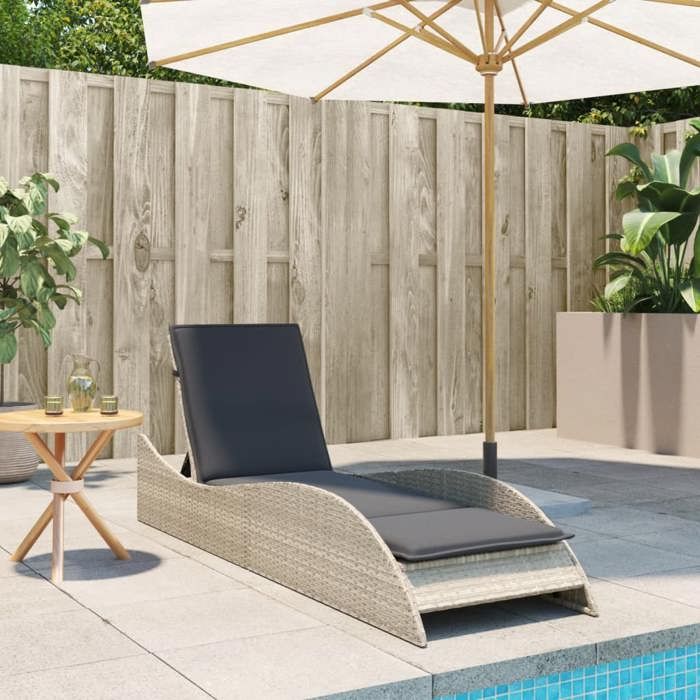 JLL*TOP - Chaise longue - Bain de soleil - avec coussin - gris clair 60x205x73 cm poly rotin LLL1400