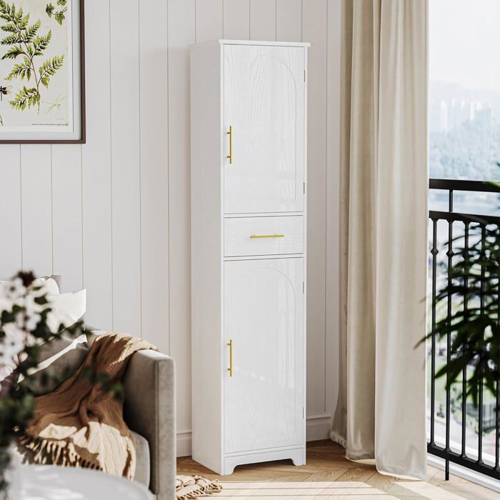 Armoire de Salle de BainArmoire de Rangement avec 1 Tiroirs et 2 PortesGrand Meuble Étroitpour SalonChambreCuisineBlanc