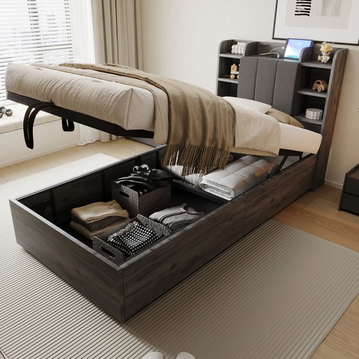 Lit simple 90 x 200 cm avec USB et Tape-C Lit coffre Cadre de lit adulte en bois Tête de lit avec espace de rangement Gris