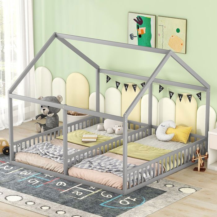 Lit combiné enfant - SOGEU - Lit cabane - 90 x 200 cm - Pin massif & MDF - Gris