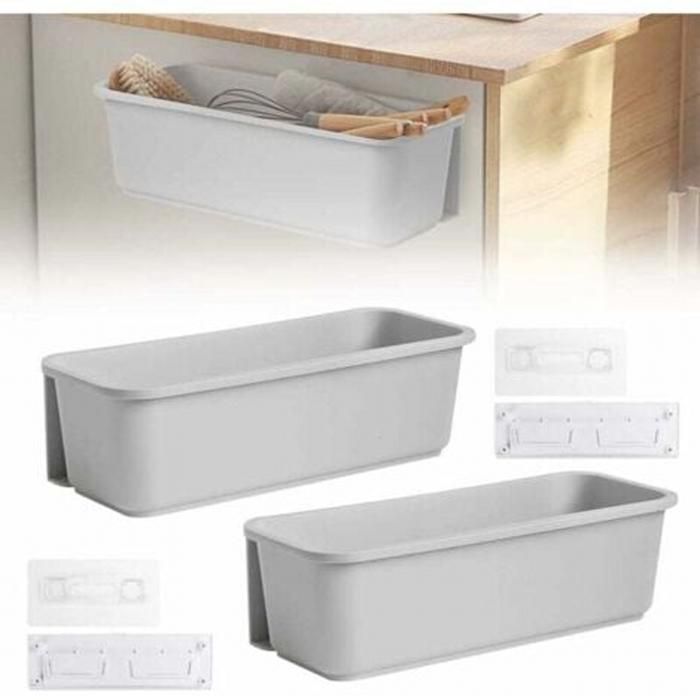 Panier de rangement de cuisine coulissant sous évier 2pcs avec 2 rails de guidage 4pcs support adhésif pour cuisine blanc