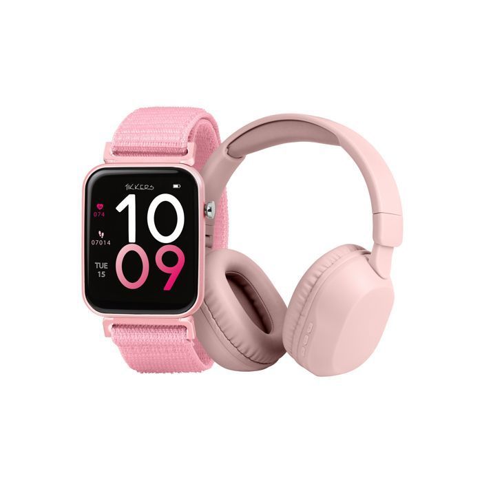 Tikkers Smart Series 13 – Montre Connectée et Casque Audio Noir/Rose avec Bracelet en Tissu – TKS13-0034-SET