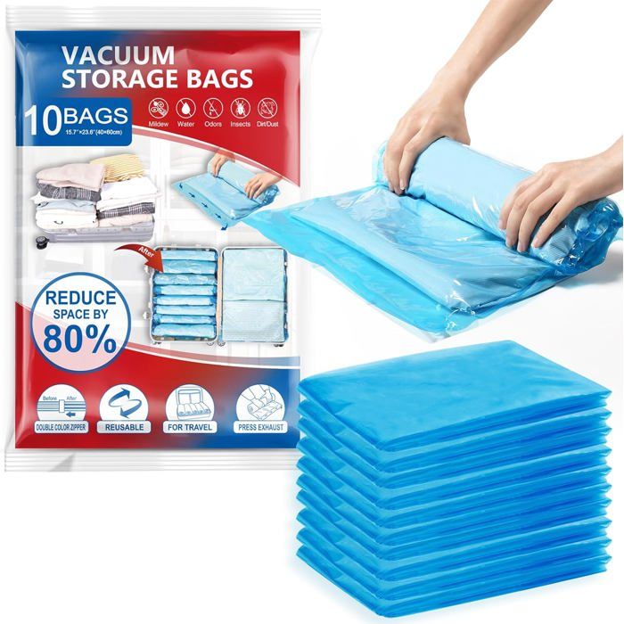 Sacs de Voyage sous Vide Roulé à la Main 10 Pièces 60 × 40 CM Sacs de Rangement sous Vide pour Valise Vêtements Literie [A1]