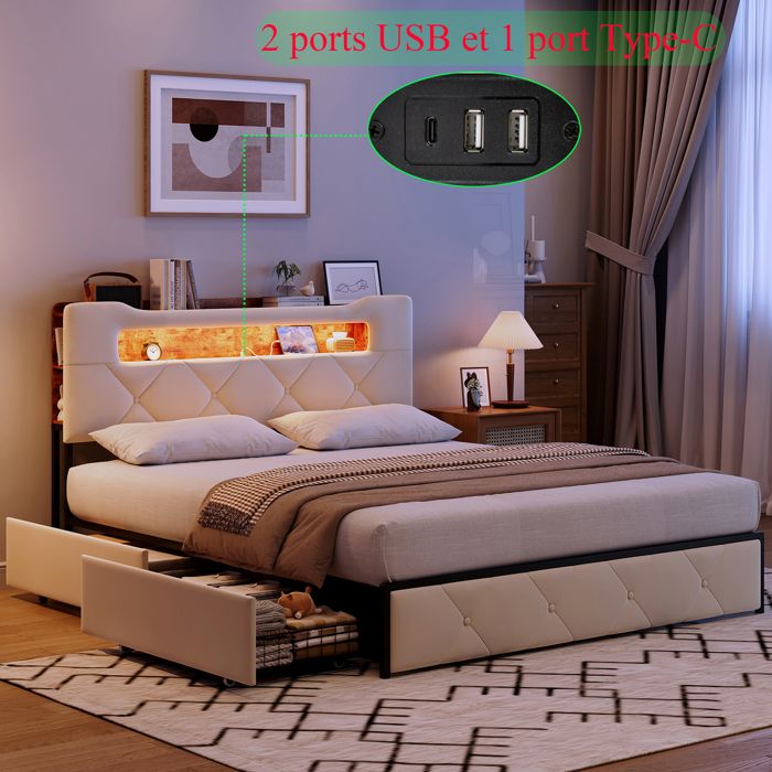 Lit rembourrée 140x190 avec LED et USB 4 Tiroirs Tête de lit double avec rangement Lit adulte/ado avec sommier Velours beige