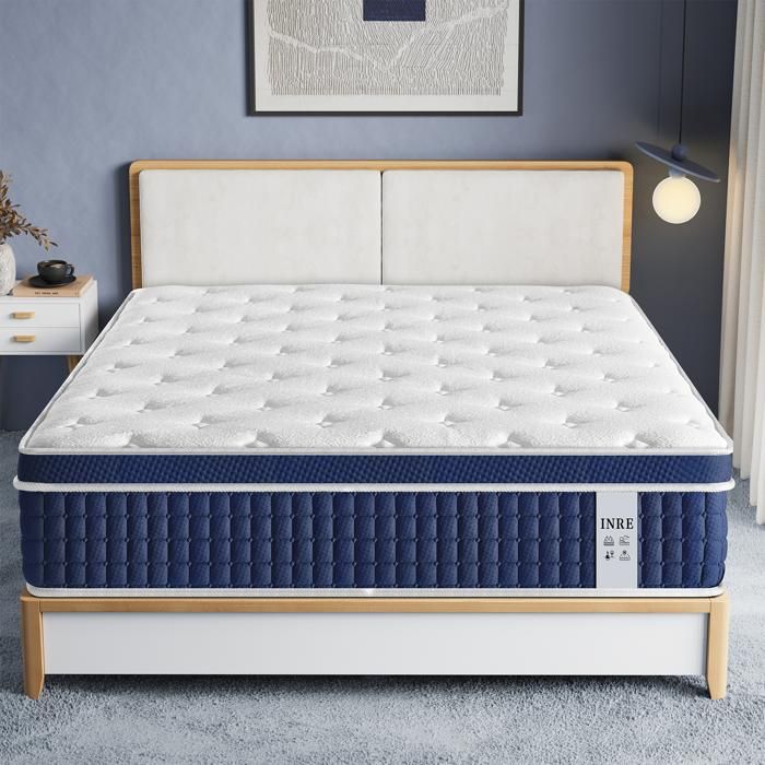 Matelas Hybride 140x200 cm INRE Épais 30cm Ressorts Ensachés Mousse à Mémoire de Forme Moyenne Ferme 7 Zones Respirant