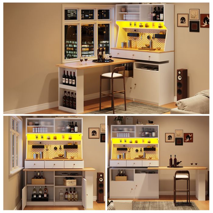 Buffet de cuisine - 137x45x178 cm - Blanc - MDF - Éclairage LED multifonctionnel