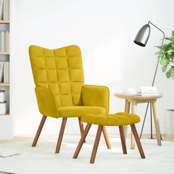 Les Soldes Fauteuil de Salon Scandinave (1 PLACE) - CLOUD - Chaise de Détente - avec tabouret en velours jaune J6297