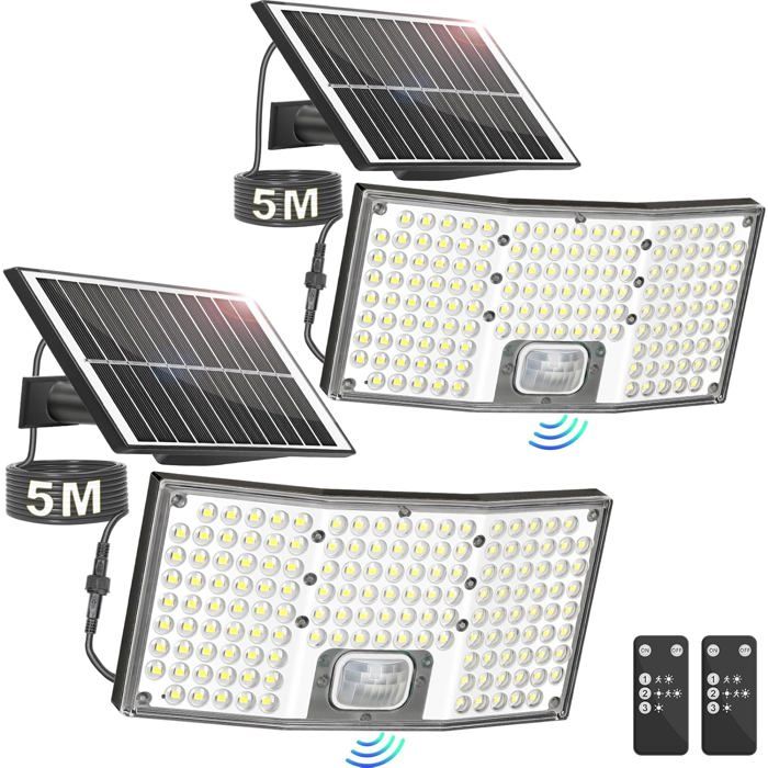 Lampes Solaires Extérieures 146 LED avec Détecteur de Mouvement IP65 Angle 120° Lot de 2 Panneau Séparé Avec Câble de 5 m