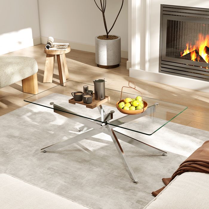 Table Basse en Verre Trempé COSTWAY 120x60x455cm Table Rectangulaire de Salon Pieds Tubulaire en Métal Table Basse Salon Argent