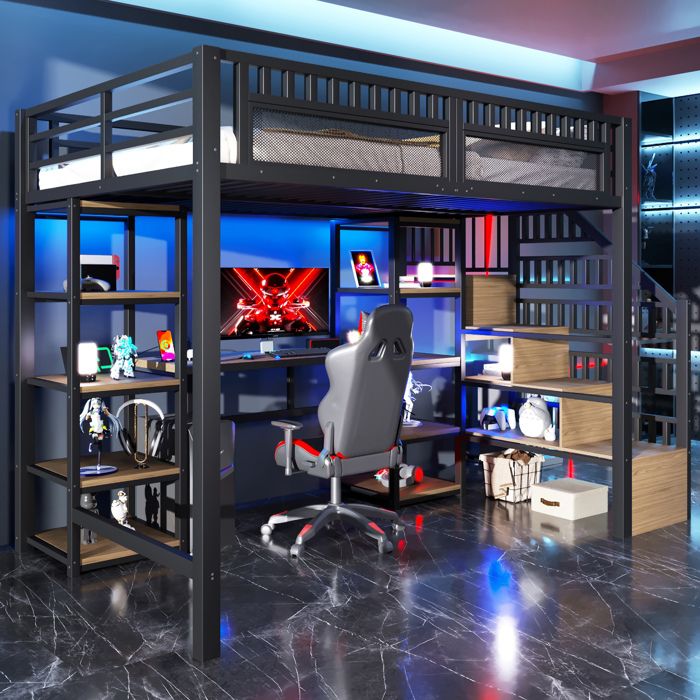 Lit mezzanine en métal 140 x 200 cm avec bureau et Ports USB lit superposé avec LED et plusieurs niveaux détagères ouvertes noir Lit mezzanine en métal 140 x 200 cm avec bureau et Ports USB lit superposé avec LED et plusieurs niveaux détagères ouvertes noir