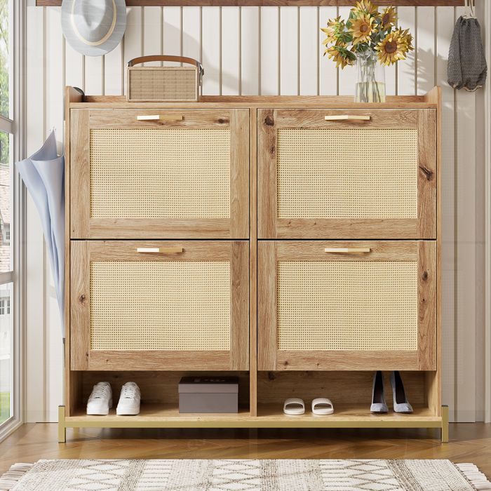Meuble à chaussures étroit effet bois avec portes en rotin structure métal et étagère supérieure