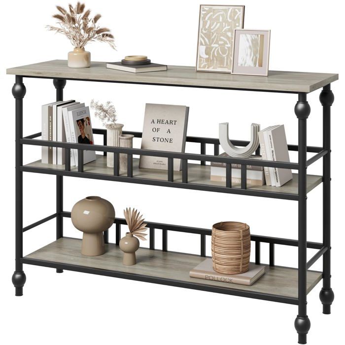 Table console étroite industrielle 3 niveaux Meuble d’appoint avec étagères Style rustique moderne Gris 109 x 30x 80cm