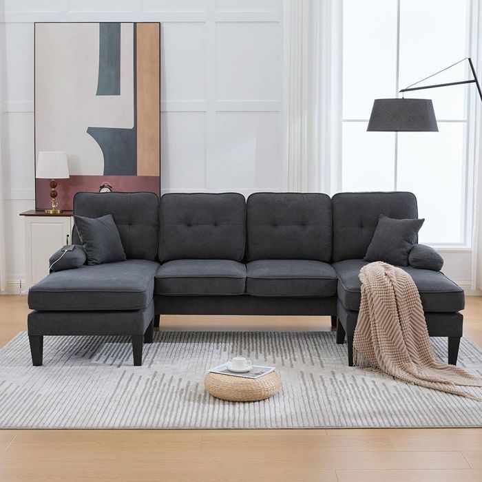 Canapé dangle - MINIMAL - Canapé en U 4 places - Lin gris foncé - Angle réversible - 2 chaises longues Canapé dangle - MINIMAL - Canapé en U 4 places - Lin gris foncé - Angle réversible - 2 chaises longues