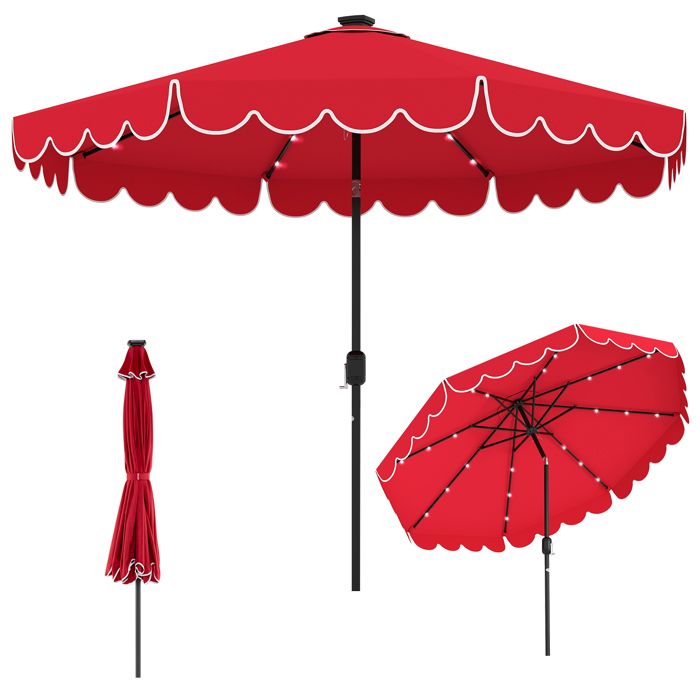 COSTWAY Parasol de Jardin 3M 24 LEDs - Protection Solaire - Réglage de lInclinaison 35° - 8 Baleines pour Plage Terrasse Rouge