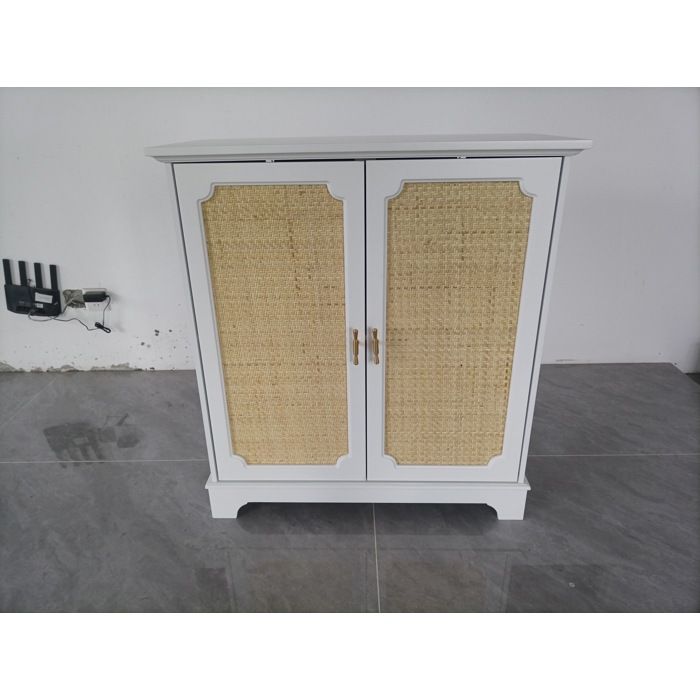 Buffet blanc à portes en rotin meuble de rangement style bohème mid-century