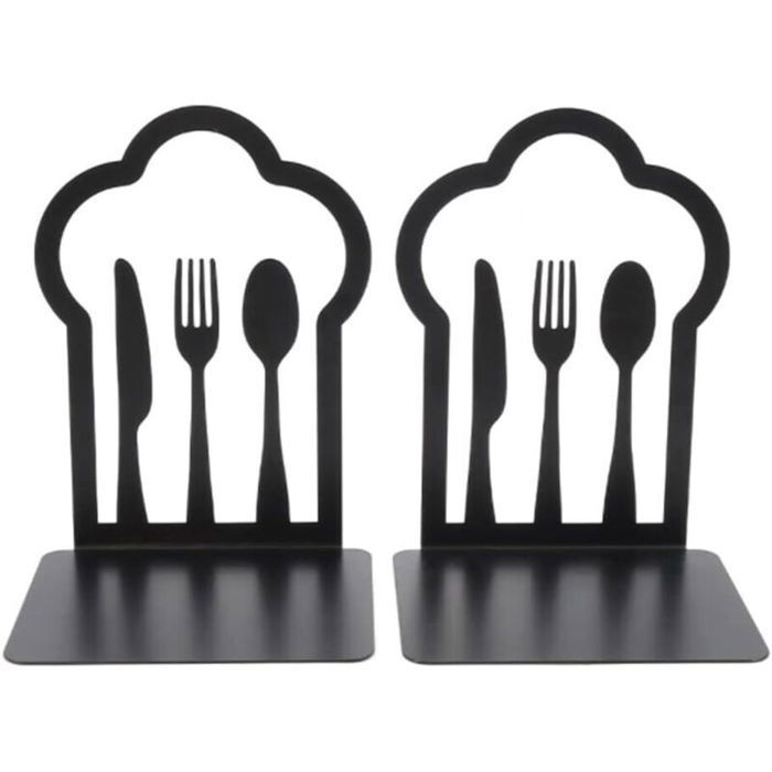 Serre-livres en métal - PZCC - Métal robuste - Design unique - Motifs cuisine - Forme en L - Noir - Stabilité optimale
