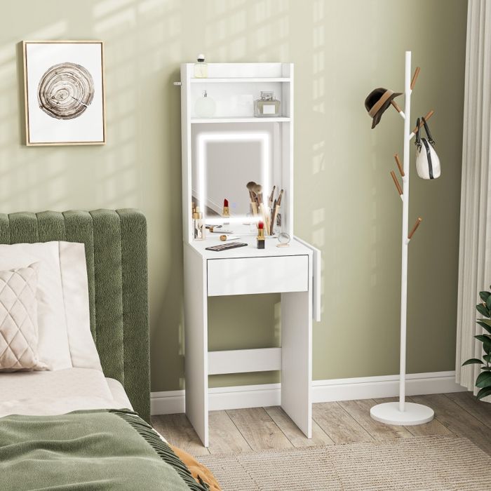 Coiffeuse compacte avec miroir et éclairage LED plateau rabattable étagères ouvertes tiroir MDF blanc