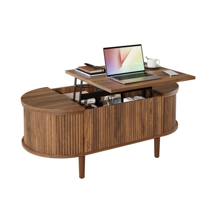 Table Basse Ovale Relevable avec Rangement Style Vintage Salon Table de Rangement Multifonction Pieds Bois Massif Design Rétr