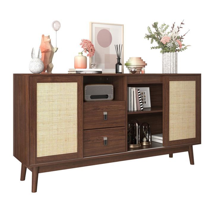 Buffet bas - SOGEU - 160x40x80 - portes coulissantes rotin - 2 tiroirs - pieds bois massif