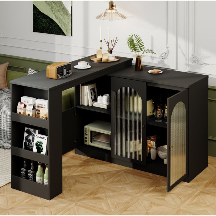 Buffet de cuisine pivotant 360° 120x40x97 cm avec rangements et porte en verre buffet moderne MDF noir