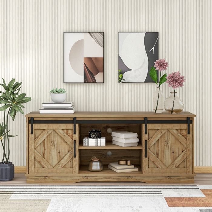 Meuble TV Bois - avec 2 Portes Coulissantes et Etagères Réglables Banc TV pour Max 65 Pouces Charge 80kg 150x40x60cm Brun Vintage