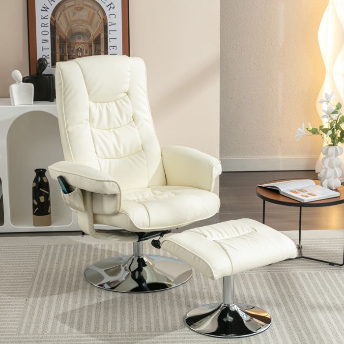 Fauteuil massant électrique avec repose-pieds chauffage rotation 360° et dossier inclinable simili cuir PU beige - UVRION