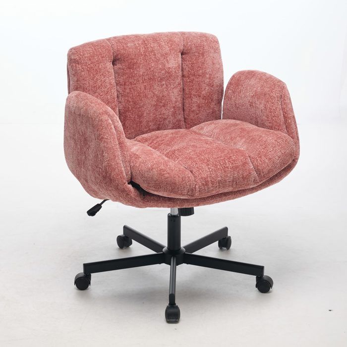 Chaise de Bureau Pivotante en Chenille Rose - Fauteuil Confortable pour Chambre et Coiffeuse Accoudoirs Pliables