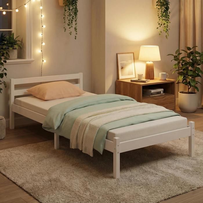 Lit simple - FURNITURER - Firenze White A - Bois de pin massif - Sommier à lattes - Design minimaliste blanc Lit simple - FURNITURER - Firenze White A - Bois de pin massif - Sommier à lattes - Design minimaliste blanc