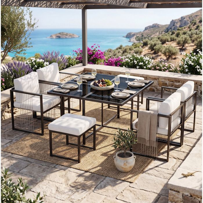 ROVRYN Ensemble table et chaises de jardin 7 pièces 6 personnes table carrée 117 x 117 cm verre trempé