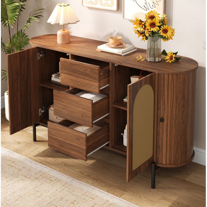 Buffet bas ovale en MDF aspect bois noyer portes en rotin 3 tiroirs étagères réglables pieds métal noir ORVRYN