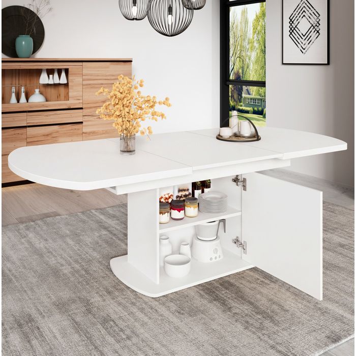 WOVREO Table à manger extensible ovale avec rangement 200x80x75 cm panneaux de particules blanc et argent