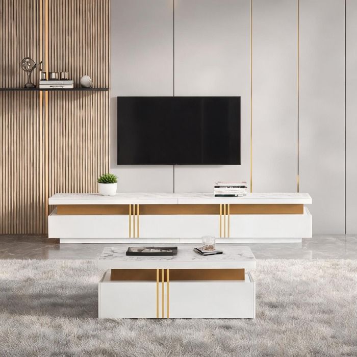 Meuble TV mural blanc 2 pièces panneau de particules table basse et support TV design épuré capacité 90 pouces 1000 mm