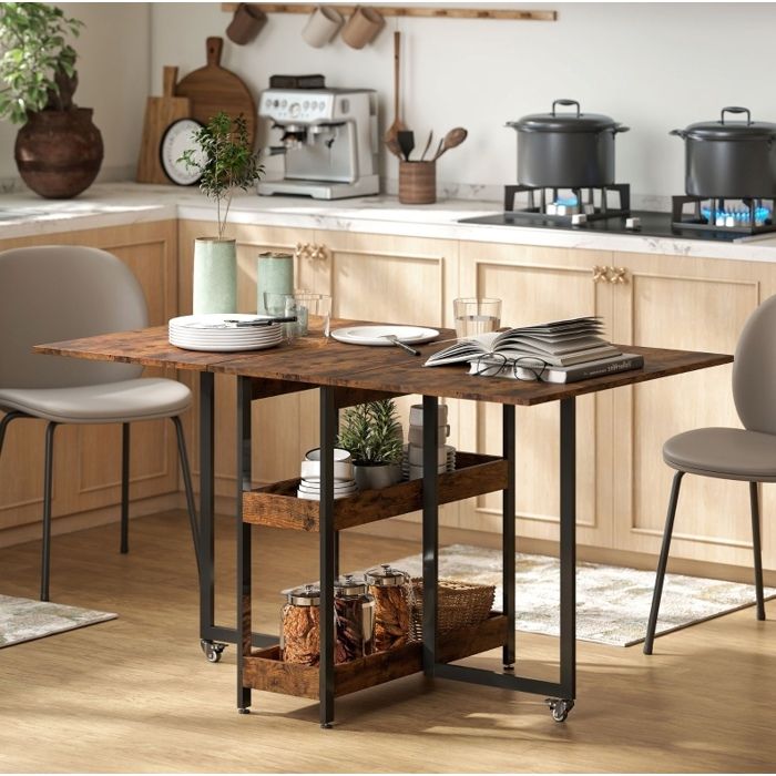 Table de cuisine pliante EVRYAE 1334 x 80 x 75 cm 2 à 4 personnes 2 étagères ouvertes marron