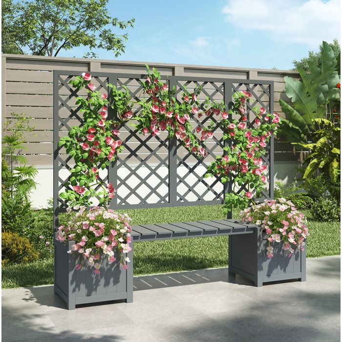 JOINERY banc extérieur bac à fleurs treillis assise intégrée 169 x 42 x 145 cm bois massif sapin gris jardin terrasse