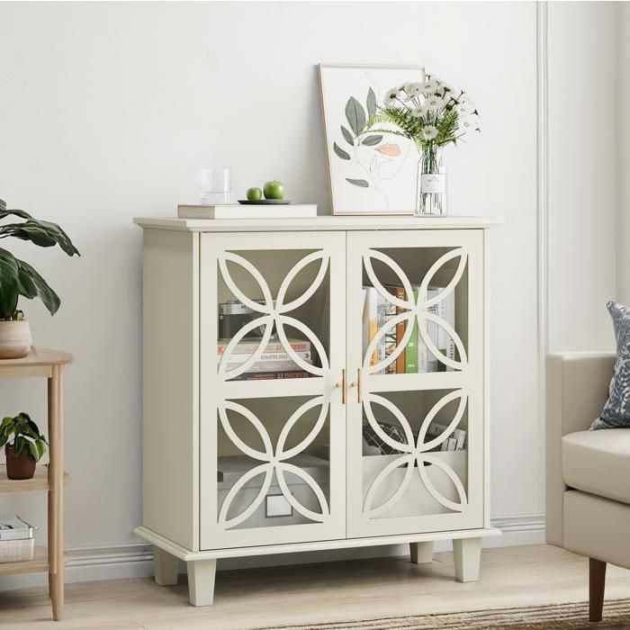 Buffet 2 Portes Vitrées avec Étagères Réglables et Verre Trempé - MODENVIE - Crème pour Cuisine Salon 80×38 1×87 cm