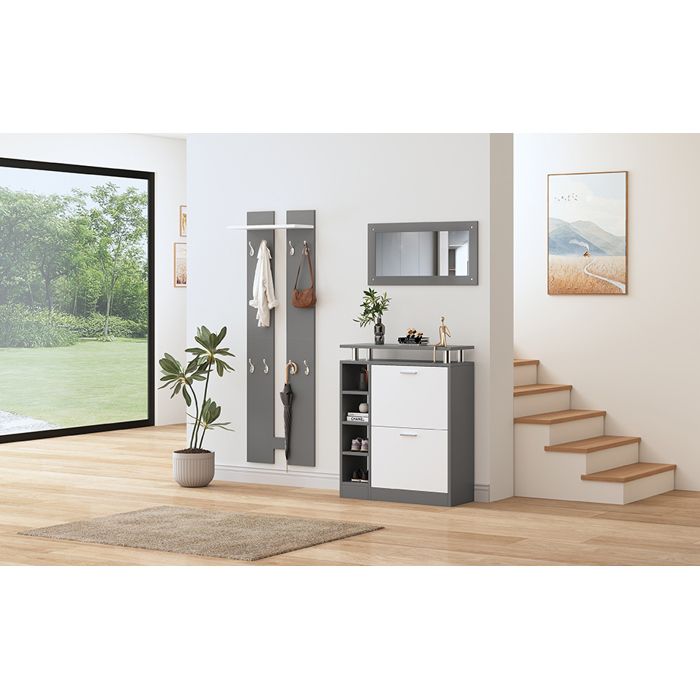 WOVREO ensemble d’entrée avec meuble à chaussures 80 x 25 x 96 5 cm miroir mural 2 panneaux 8 crochets gris et blanc