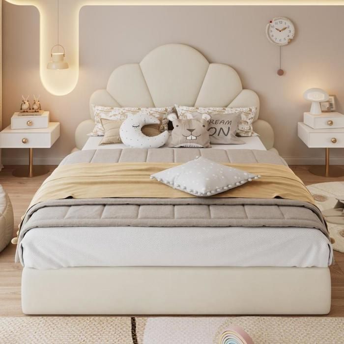 Lit capitonné - KOMHTOM - Modèle Pétales - Velours beige - 140x200 cm - Sommier à lattes inclus