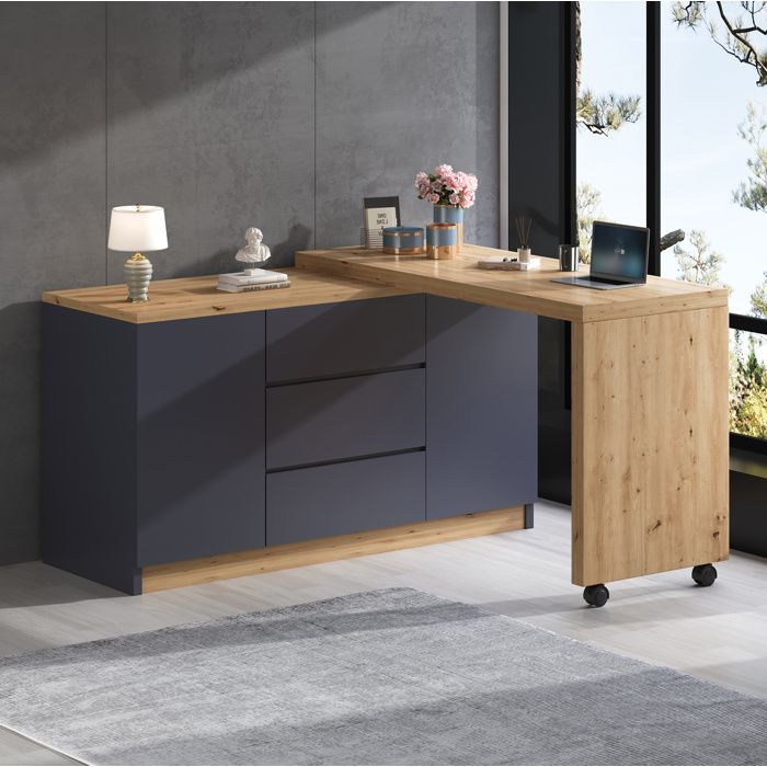 Bureau secrétaire pivotant 360° et rabattable 120 x 50 x 76 5 cm gris aspect chêne avec 2 portes et 3 tiroirs