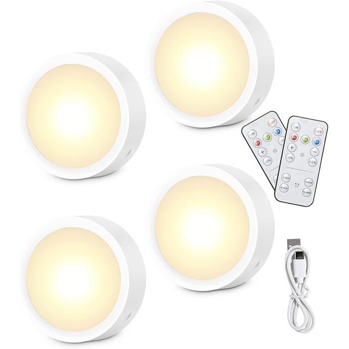 Spot LED Rechargeable USB 4 pcsVeilleuse Cuisine Sans Fil Escalier Pcard3 Couleurs Dimmable5 Niveaux de Lumière Chaude