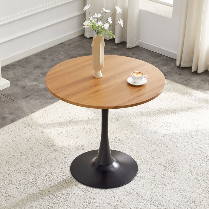 Table à manger ronde 80 cm design tulipe plateau aspect bois pied central en métal hauteur 76 cm