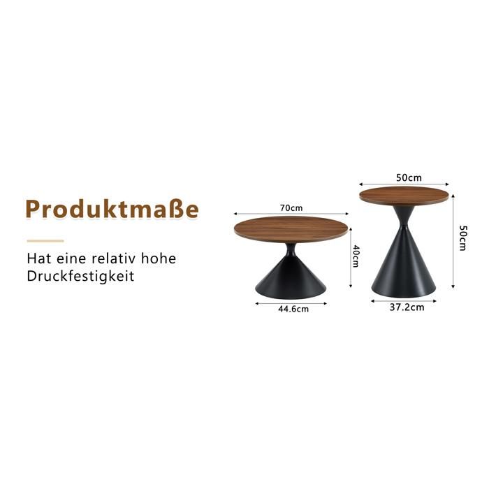 WOVREO lot de 2 tables basses gigognes rondes aspect noyer et noir pieds coniques en acier carbone