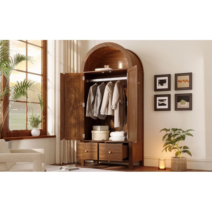WOVREO Armoire de chambre 78 x 45 x 181 cm 2 portes 2 tiroirs niche ouverte décor rotin noyer