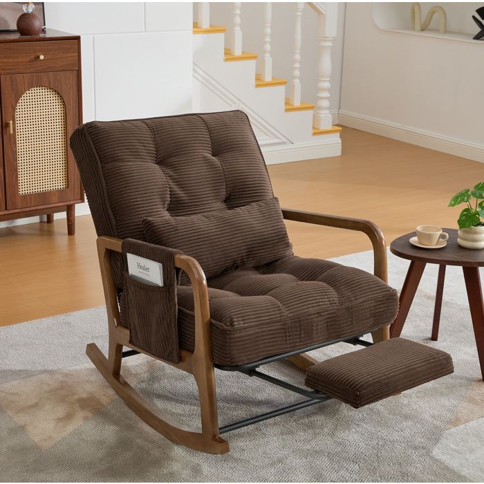 Fauteuil à bascule avec repose-pieds velours côtelé marron pour salon chambre et chambre bébé dossier réglable
