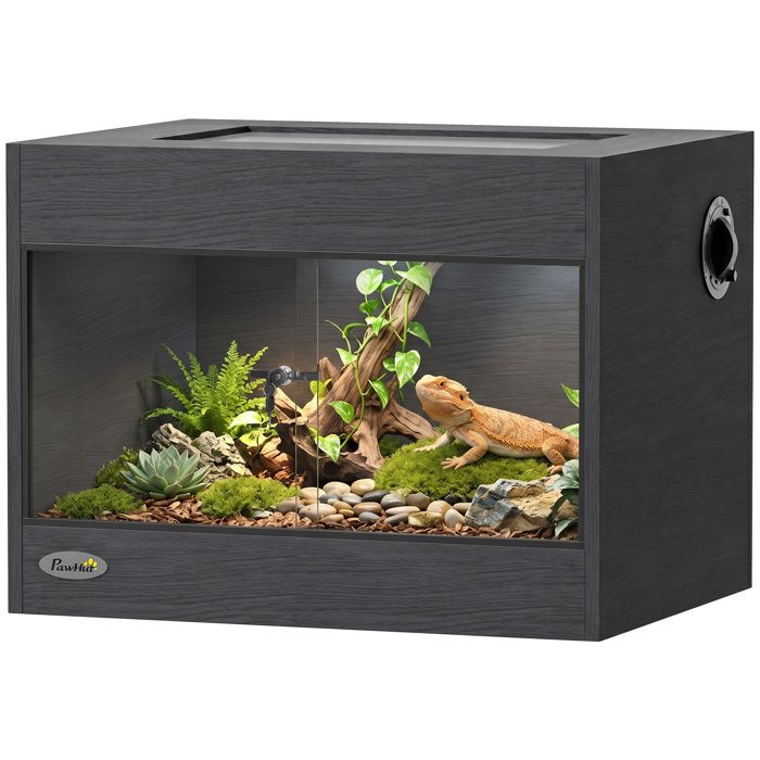 Terrarium - vivarium - PawHut - porte coulissante serrure sécurisée couvercle en filet - bois verre trempé - 60x45x45cm - noir Terrarium - vivarium - PawHut - porte coulissante serrure sécurisée couvercle en filet - bois verre trempé - 60x45x45cm - noir