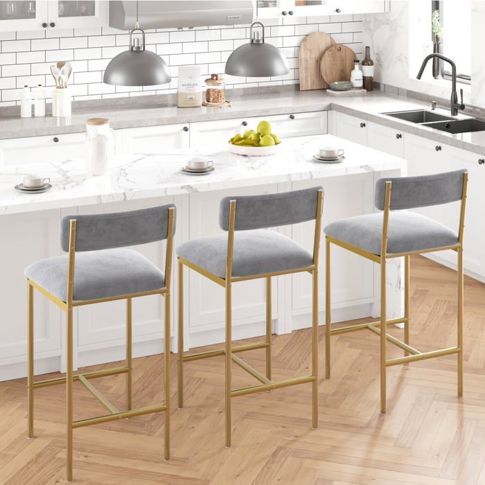 Lot de 4 tabourets de bar or et gris hauteur 25 5 po dossier assise large rembourrée repose-pieds cuisine îlot bar